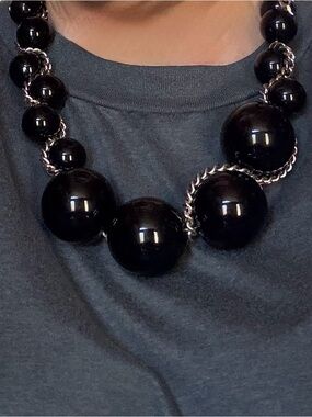 Gianfranco Ferre Glossy Black Bead Necklace with Silver Rope Links
